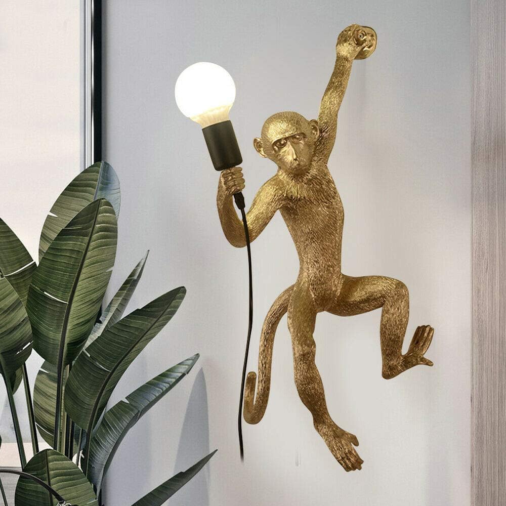 Creative Monkey Wall Light, Industrial Wall Lighting Fixture Chandelier, Vintage Resin Unique Sitting Monkey Wall Lamp Light for Dining Living Room Bedroom Bar Cafe -Gold Wall Light