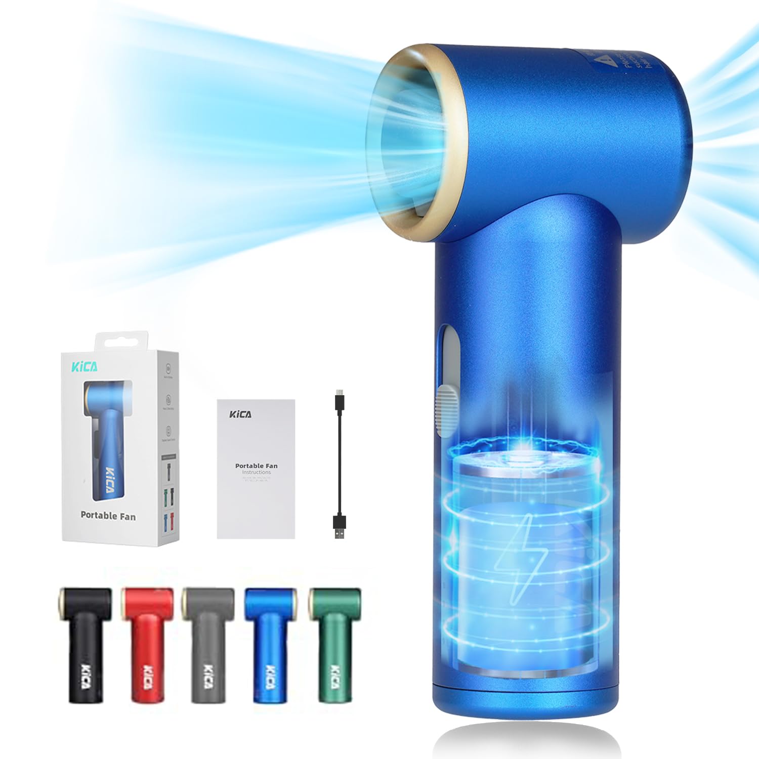 Kica Jetfan Mini Ventilatore Portatile,Ventilatore da Tavolo Silenzioso Ricaricabile Tramite USB,Ventilatore 3000mAh batteria[14ore di lavoro],Velocità regolabile liberamente,Scocca in metallo,Blu