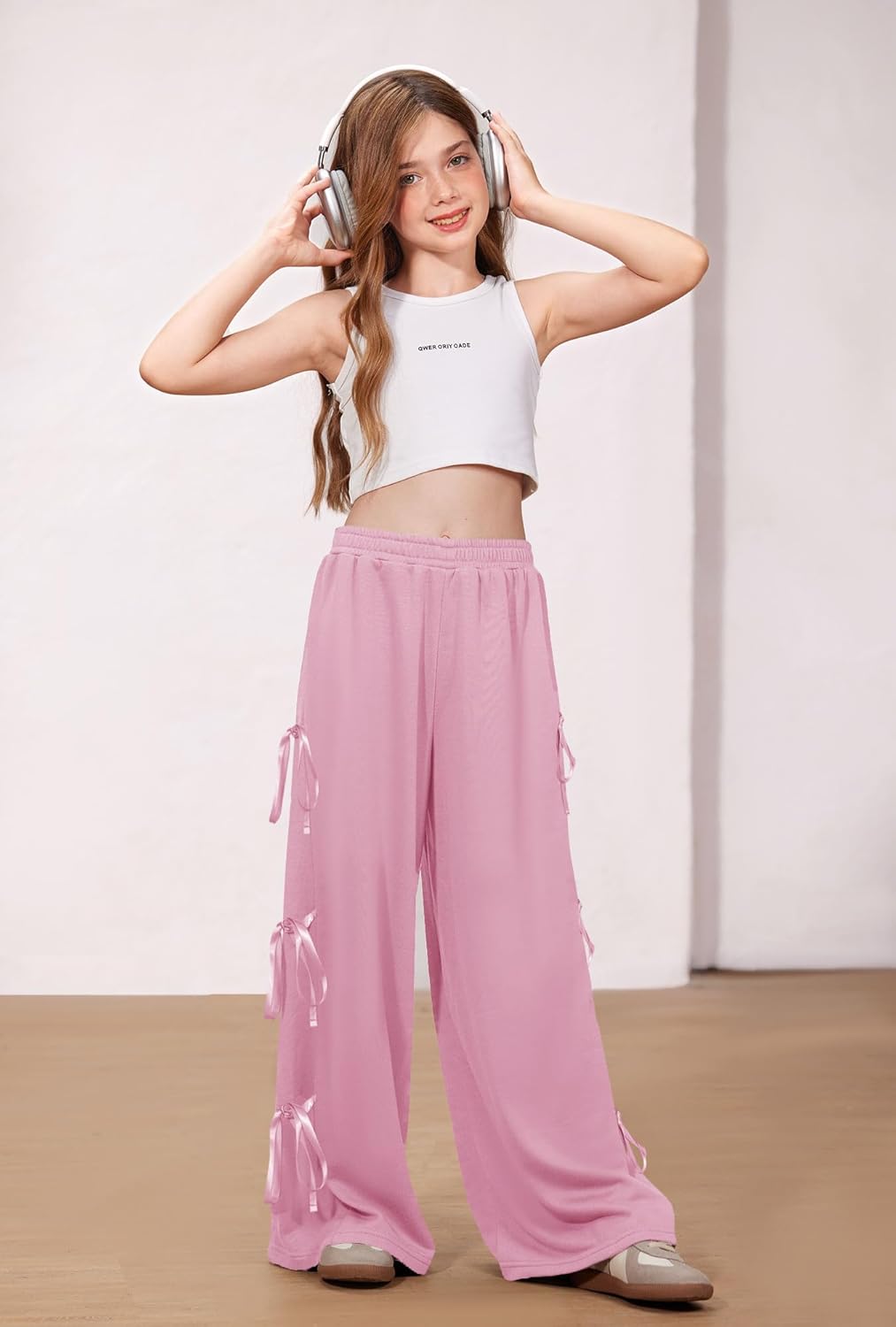 Big Girls Fall Cute Bowknot Side Side Baggy Track Pants Color Block Wide Leg Trousers Light Pink 13-14 Years - Image 4