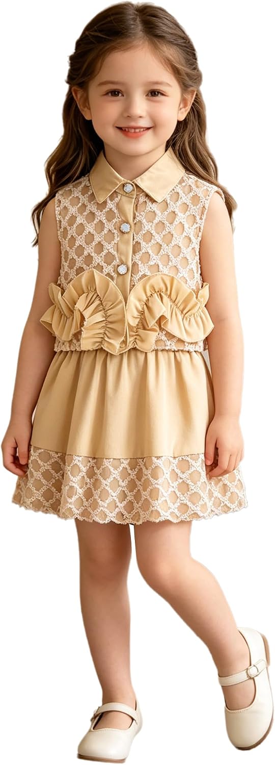 Toddler Girls Lace Button Lapel Vest with Ruffled Trim And Elastic Waist Skirt 2-Piece Set Khaki 3-4 Years