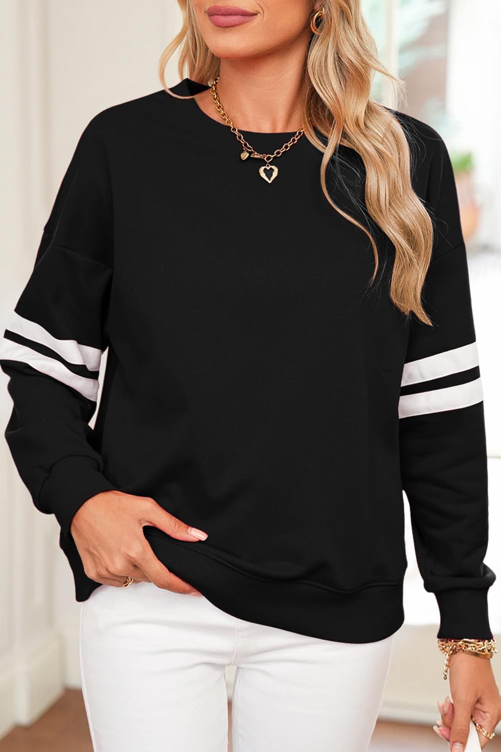 OCSTRADE Womens Pullover Sweatshirts Varsity Striped Long Sleeve Drop Shoulder Oversized Sweat Tops - Image 2