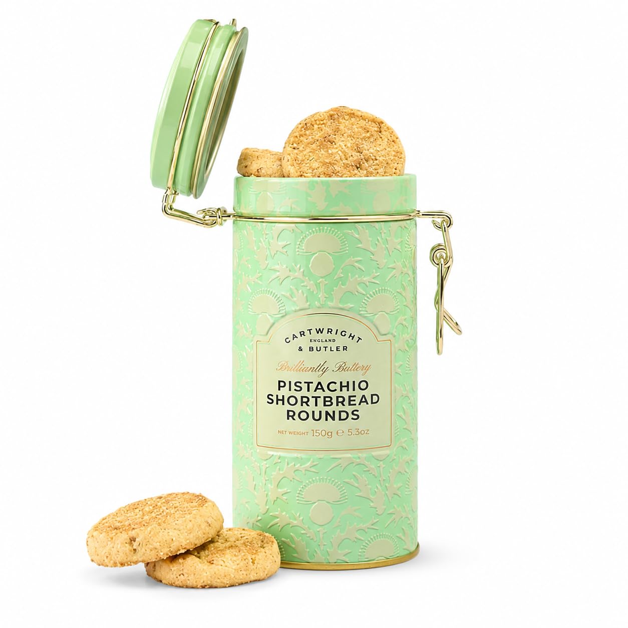 Cartwright & Butler Pistachio Shortbread Rounds in Clip-Lid Gift Tin, 150g, Buttery British Shortbread with Pistachio and Demerara Sugar, for Birthdays, Christmas, Thank You and Afternoon Tea