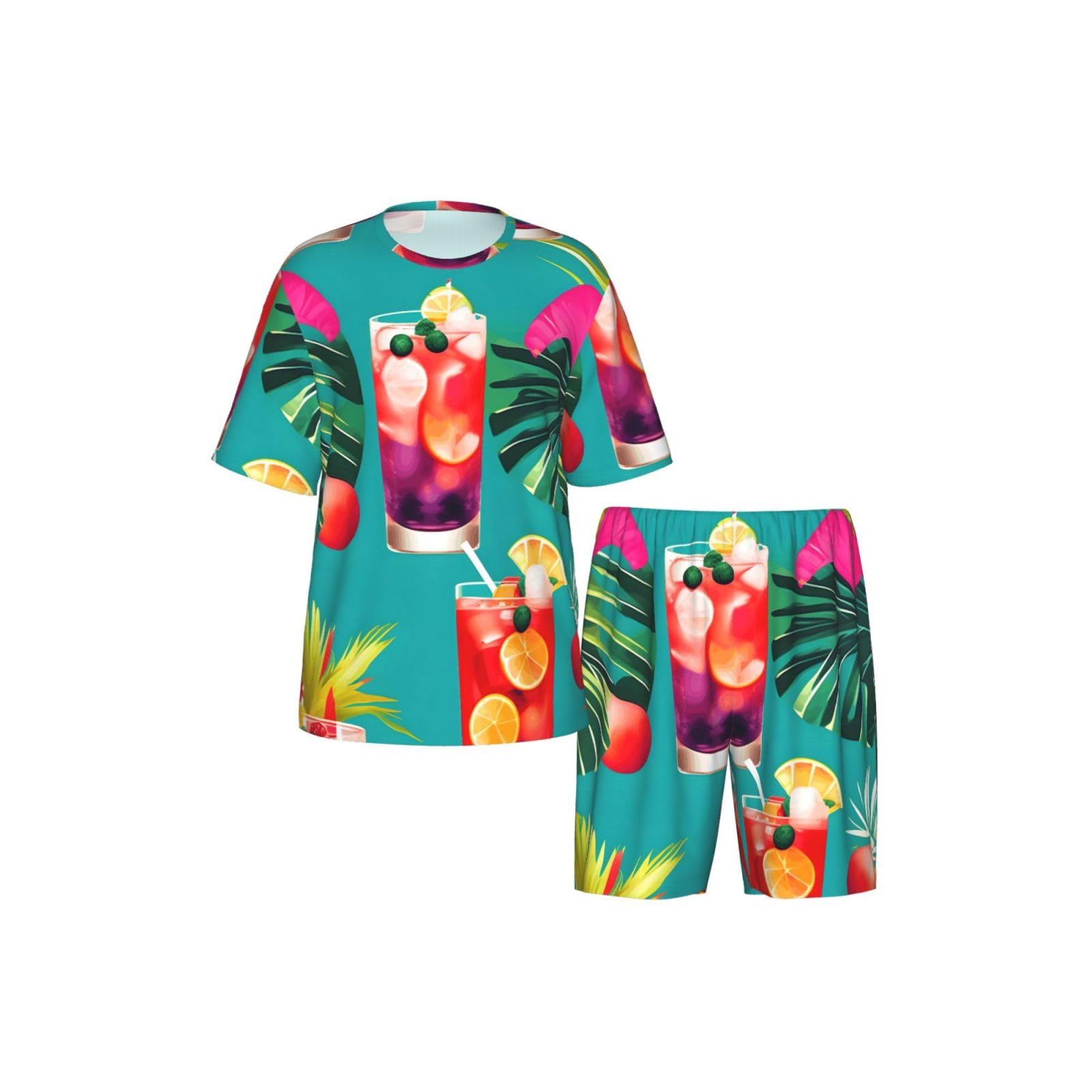Conjunto de pijama clásico con estampado de cócteles tropicales, pantalones cortos de pijama suaves para hombre, perfecto para las noches de verano