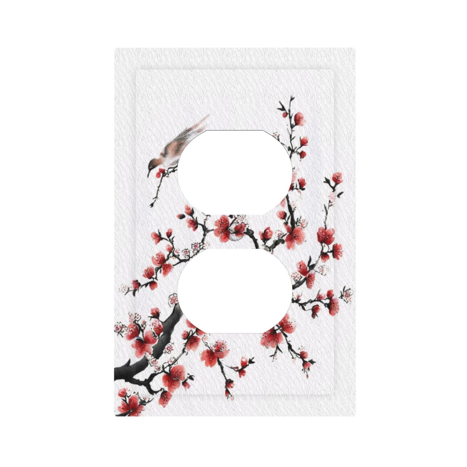 Pink Flowers Branch With Brid 1 Gang Duplex Outlet Covers Decorative Single Light Switch Cover Electrical Receptacle Wall Plate Plug Switchplate Bathroom Decor