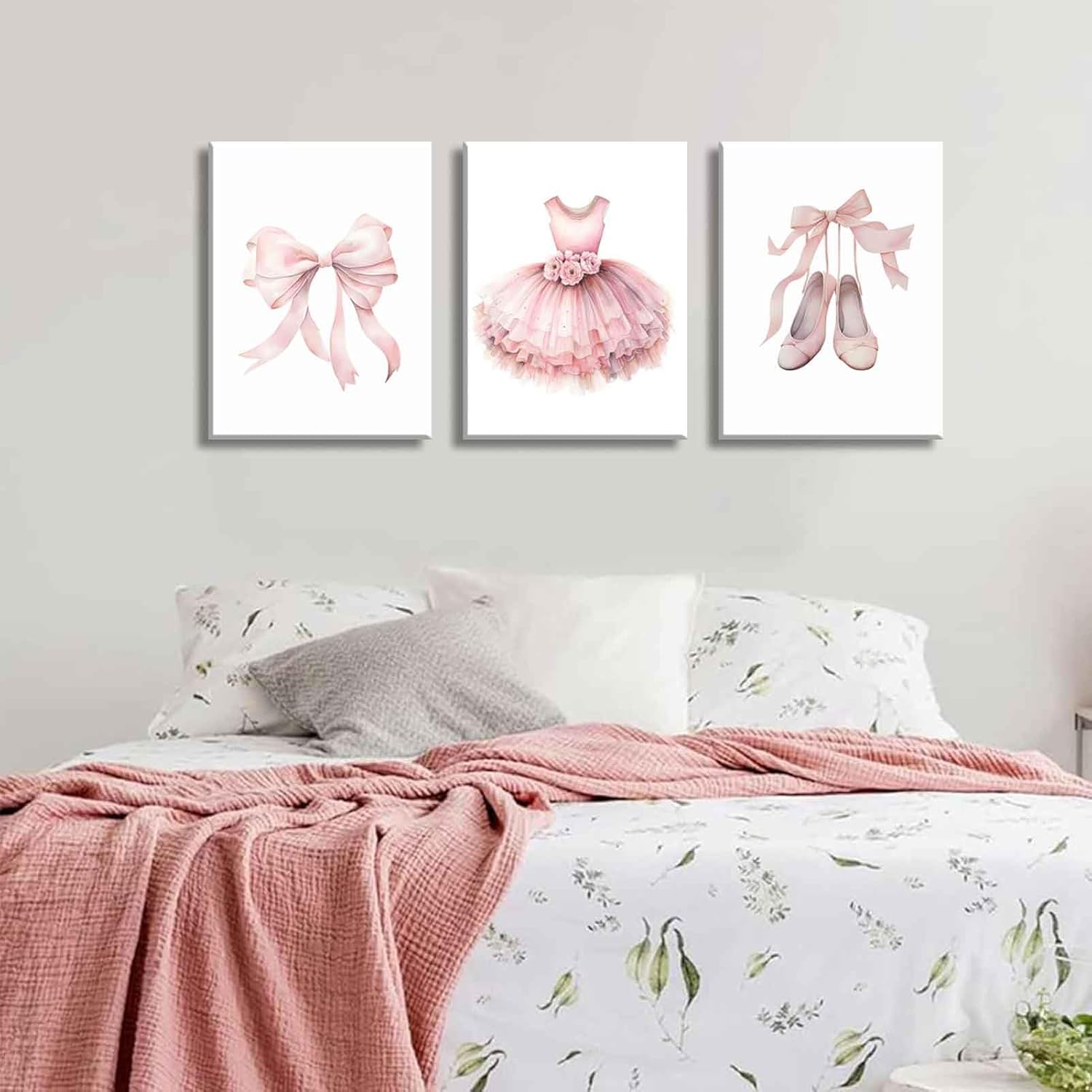 3Pcs Pink Ballet Nursery Canvas Wall Art Girls Baby Ballerina Painting Decor Picture Bow Dance Skirt Shoes Kids Posters Prints for Dance Studio Baby Room living Bedroom Decoration