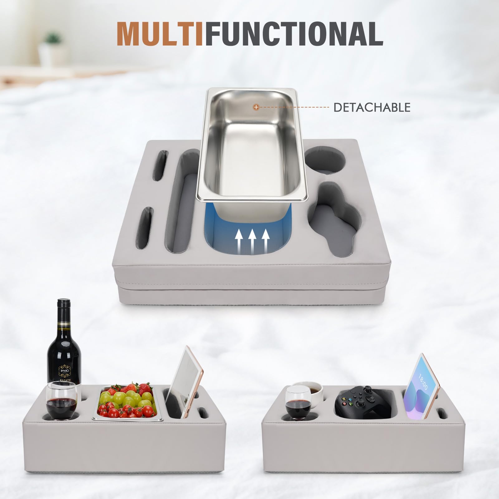 Couch Cup Holder Pillow - Sofa Cup Holder with Stainless Steel Bowl Couch Drink Caddy Remote Snacks Cozy Mug Cupholder Buddy for Bed, Car, Man Cave, Rv, Tv, Backseat (PUGrey)