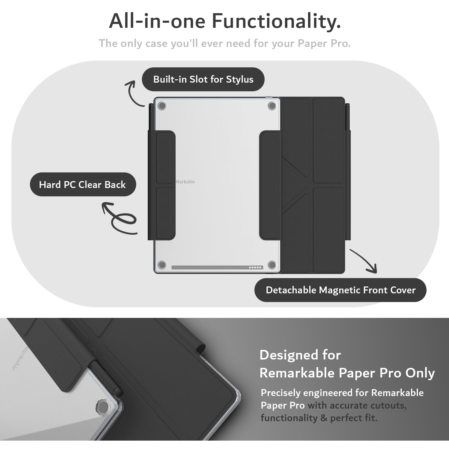 TUDIA M-FLIP Detachable Clear Magnetic Case for reMarkable Paper Pro 11.8" - Slim Transparent Cover with [Auto Wake/Sleep] Strong Magnetic Closure, Foldable Stand & Built-In Stylus Slot (Black) - 2