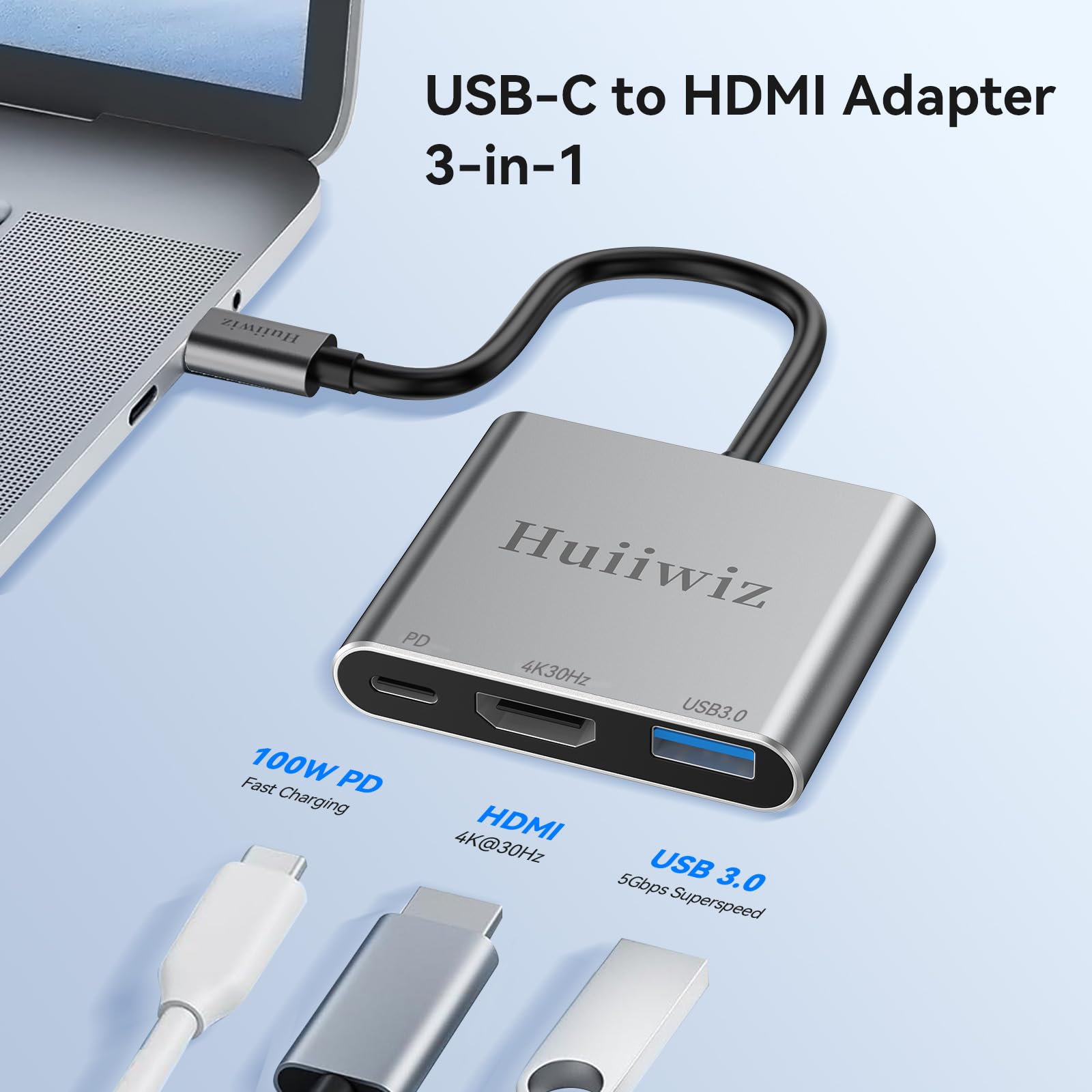 Adapter USB C na HDMI do iPhone'a 15 16, iPada, MacBooka, tabletu, laptopa, przełączania na monitor telewizora, projektor, USB-C cyfrowy wieloportowy adapter AV (HDMI 4K, USB3.0, PD 100W)