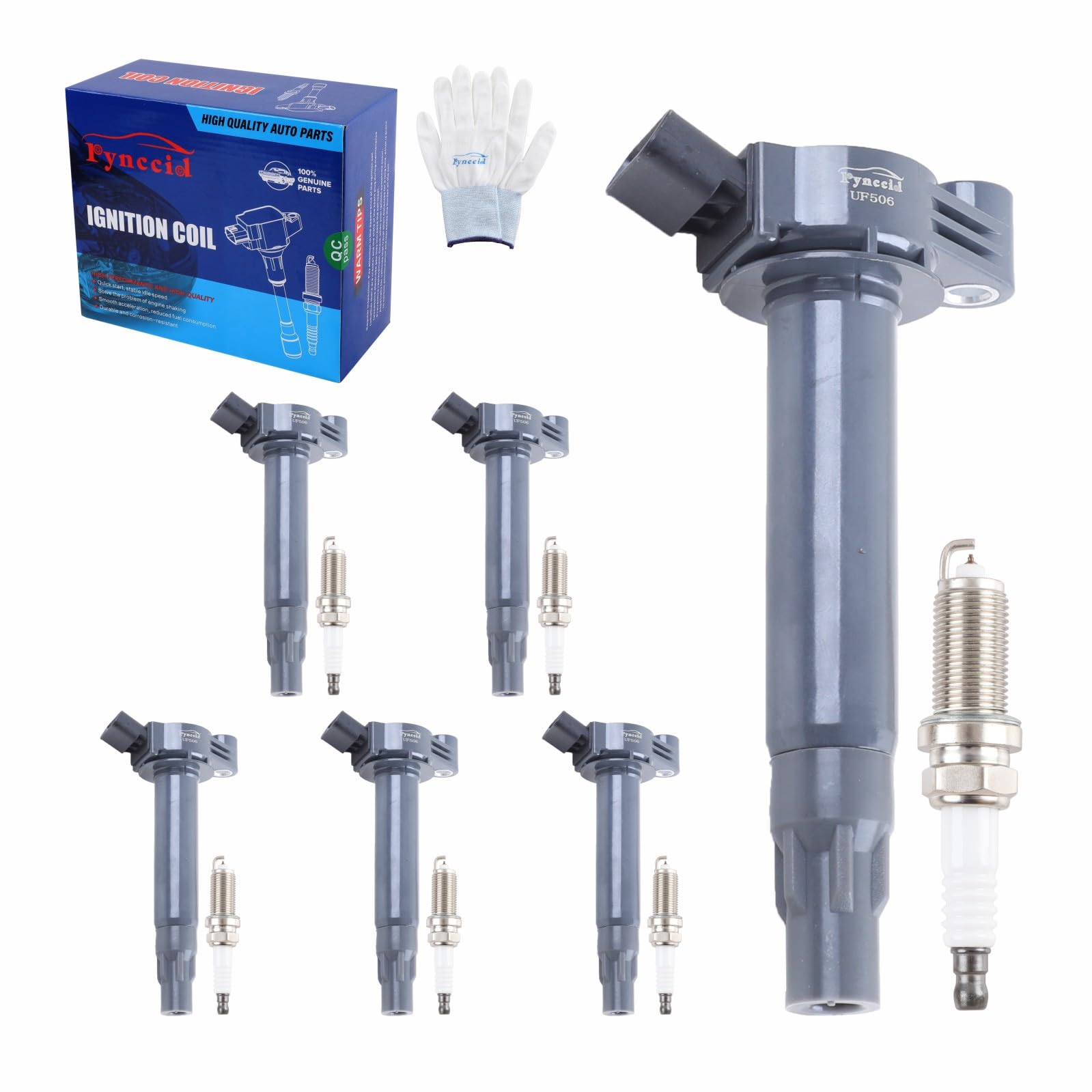 Photo 1 of Pynccid UF506 High-Performance Ignition Coils & Iridium Spark Plugs Set of 6 Compatible with 2004-2008 Toyota Highlander/Sienna/Solara/Camry & Lexus ES330/RX330 3.3L V6 - Replaces UF506