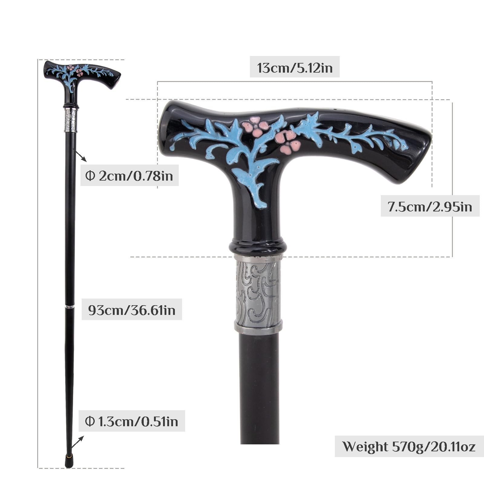 Bastone da Passeggio In Resina con Motivo Floreale, Bastone Decorativo | 93 Cm, Elegante Da Uomo, Bastone Da Passeggio Alla Moda Per Cosplay, Antiscivolo, Impugnatura Ergonomica