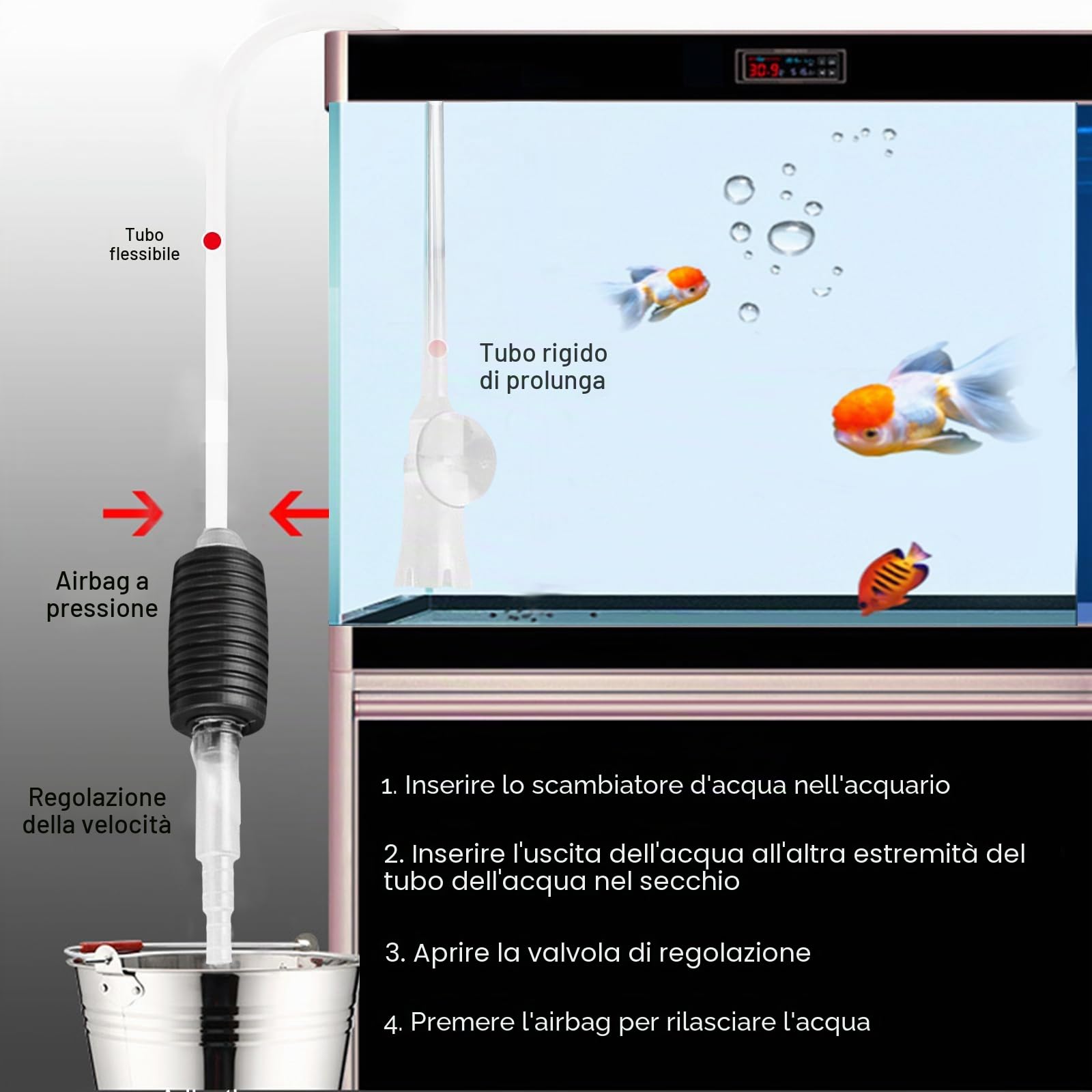 Set di pulizia 5 in 1 per acquario, edizione professionale con sifone a mano, set completo per cambio acqua, con raschietto per alghe, rastrello per ghiaia, rete per pesci e accessori | accessori per