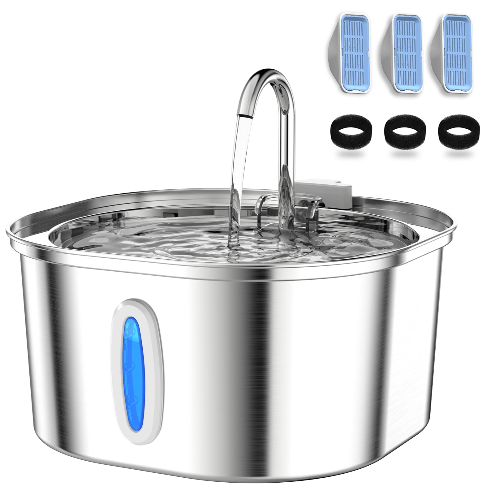 Cat Water Fountain - 3.2L/108oz Stainless Steel Pet Water Drinking Fountain for Cats Indoor, Dog Water Fountain with Water Level Window and 3 Filters + 3 Sponges