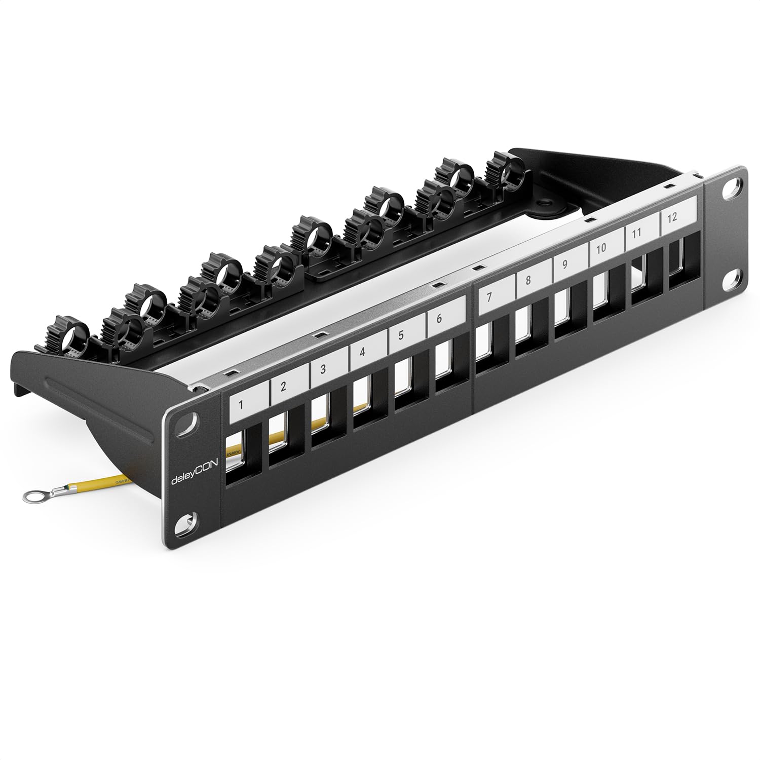 deleyCON 12 Port Patchpanel Patchfeld Modular Keystone 1 HE 10" Rack | Servereinbau mit Klickbefestigung, LAN Netzwerk, für RJ45, HDMI, USB-A, USB-C, TV, SAT Keystones usw.