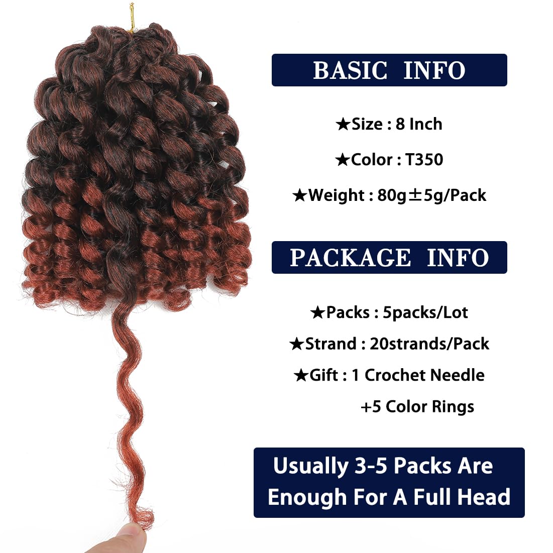Wand Curl Crochet Braids Hair 8 Inch Jamaican Wand Curl Ombre Crochet Hair Jamaican Bounce Crochet Hair Colored Crochet Braids Ringlet Twist Hair Extension Crochet Hair(5PCS,T350)