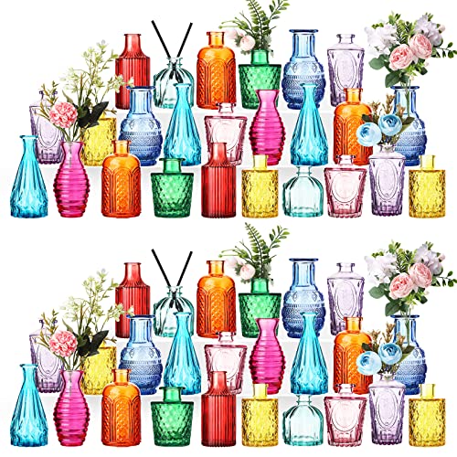 60 Pcs Colored Glass Bud Vases Small Vases for Flowers Vintage Embossed Vases in Bulk Mini Glass Bottles for Wedding Centerpieces Home Table Decoration by Inbagi - Used condition - US$101.99