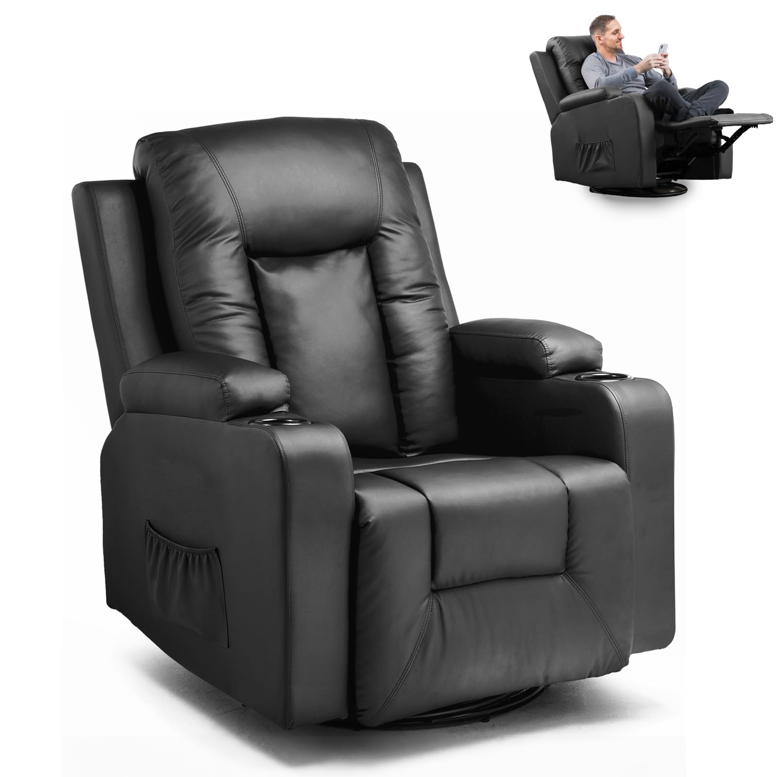 GTPLAYER Sillón de Relax con Respaldo Regulable y Reposapiés, Giratorio 360° en PU, Portavasos y Bolsillos Laterales, Silla Inclinable para TV, Silla de Lectura para Dormitorio, Negro