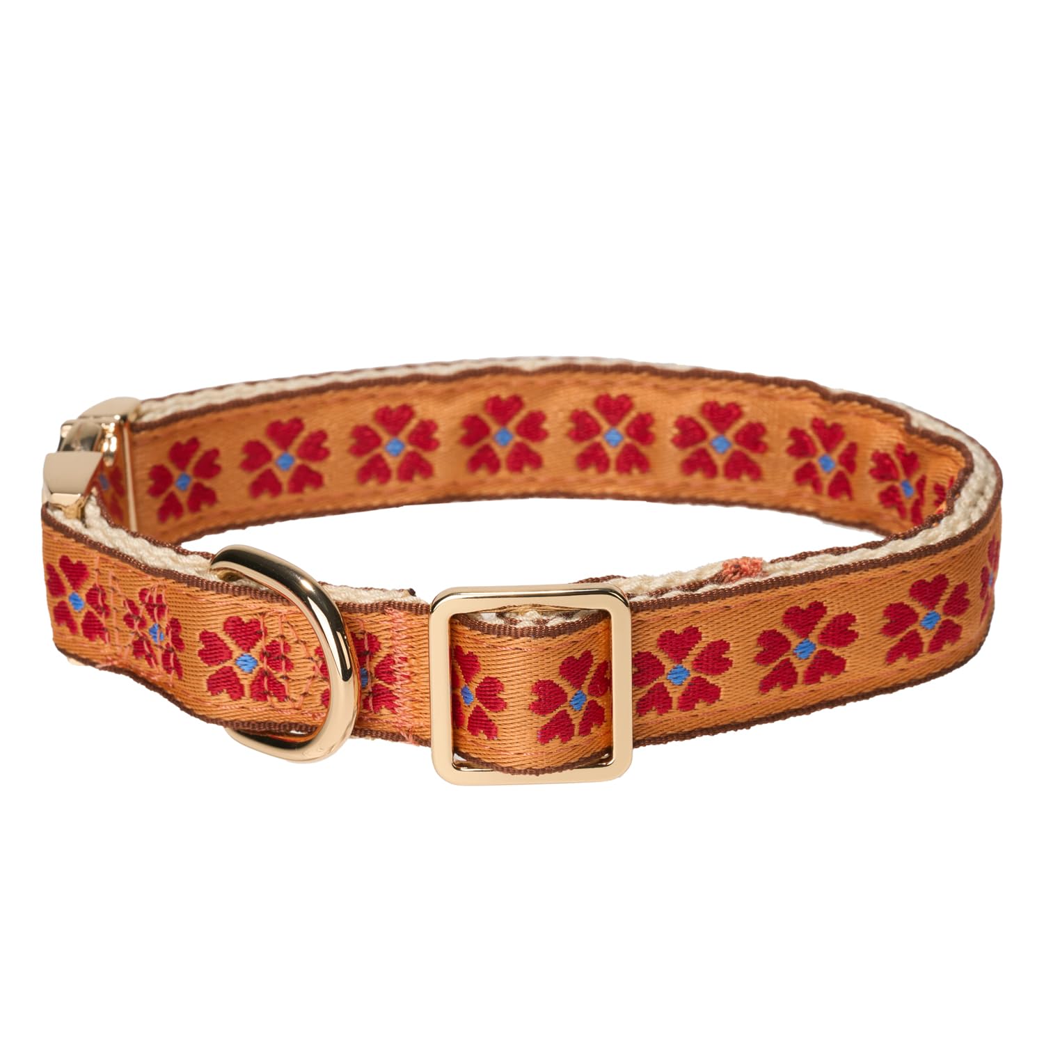 Innovative Jacquard Webbing in Orange Floral Pattern Dog Collar with Soft Natural Cotton Padding and Gold Metal Buckle-Adjustable and Durable for Medium Dogs - Image 2