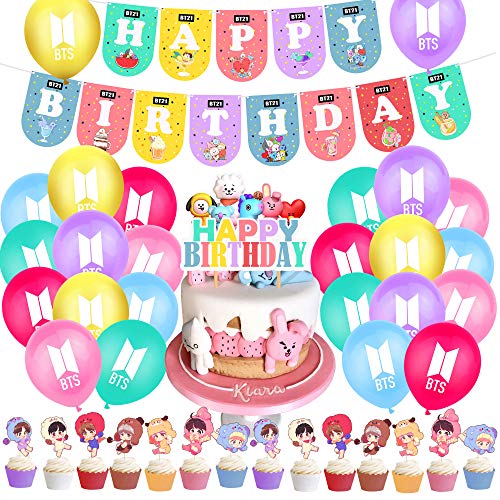 BTS Birthday Party Supplies Set, Birthday Banner, Balloons,Cake Topper, BTS Theme Party Decorations