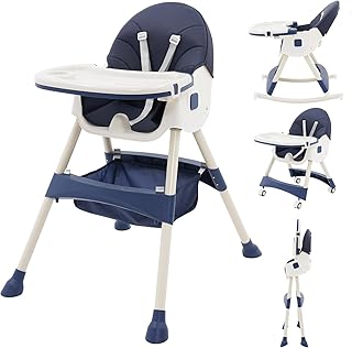 High Chair Adjustable Folding Baby Chair with Multiple Height and 3 Position Backrest Rocking Chair Reclining Seat 3in1 Convertible High Chair Sturdy Portable Travel Friendly Highchair