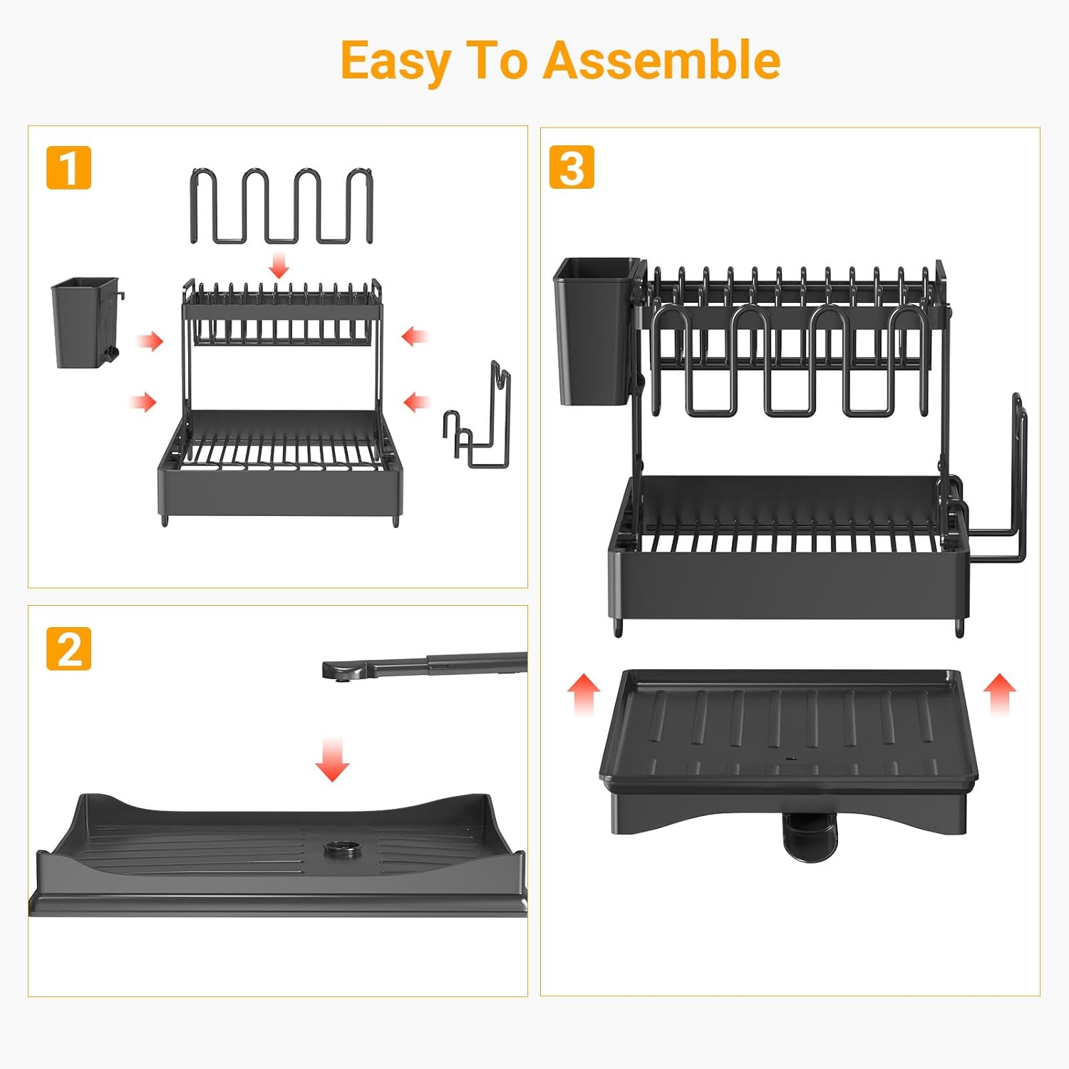 Large Dish Drying Rack 2 Tier for Kitchen Counter, Anti-Rust Metal Dish Rack with Lock & Lift System & Retractable Auto-Drain Spout, Escurridor de Platos with Cutting Board Holder, Black