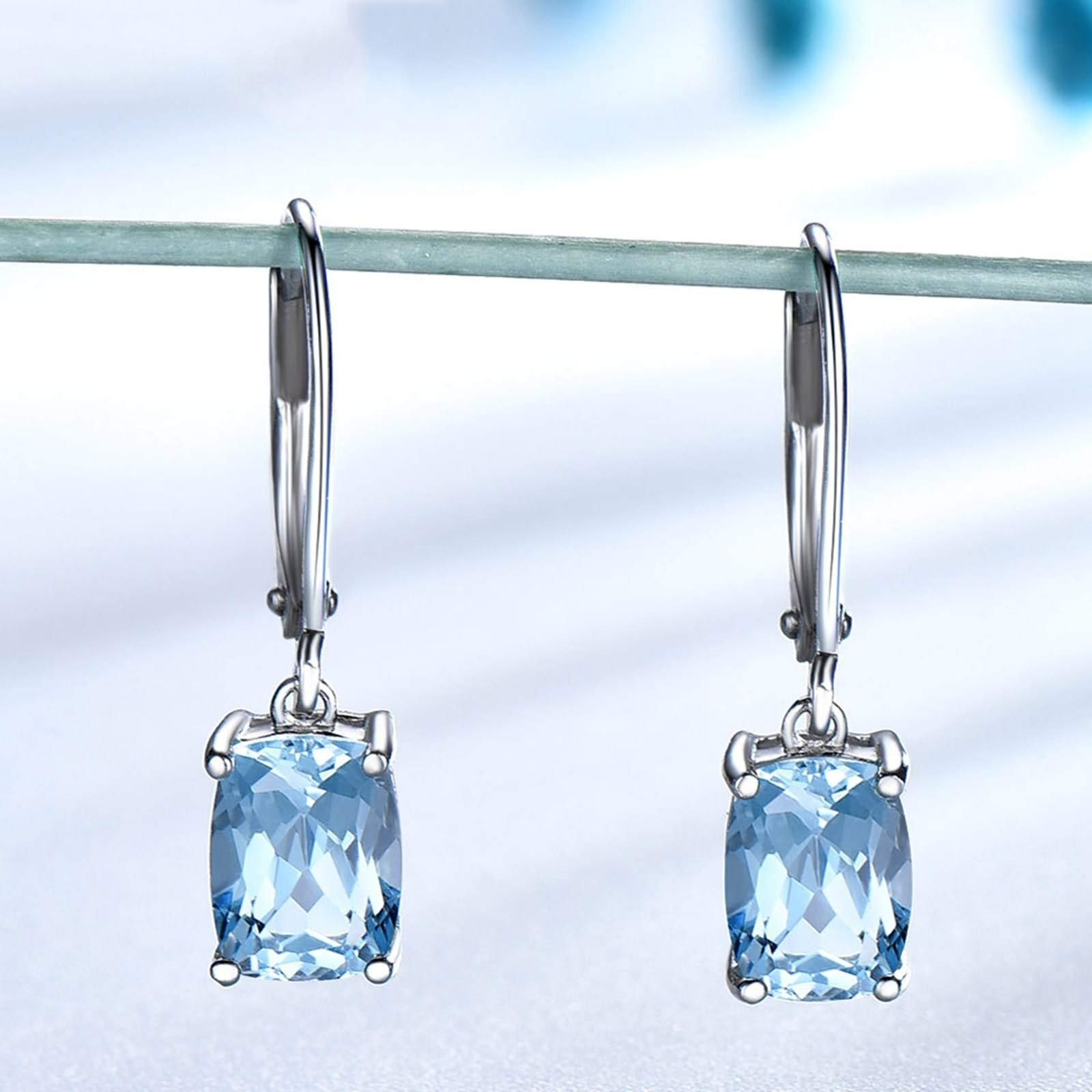 Lustige Ohrringe Damen Silber, Anhänger-Ohrringe Sterling Silber Ohrringe Rechteck Himmelblau Rechteckig Erstellt-Topaz Geschenke Für Frau