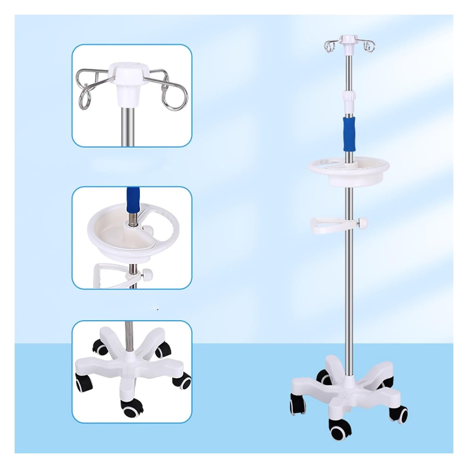 Asta per flebo, Asta per flebo con Ruote, 4 Ganci, 5 Ruote, Supporto per Sacca per fluidi IV, Altezza Regolabile, Asta per flebo per Ospedale Domestico (Bianco B)