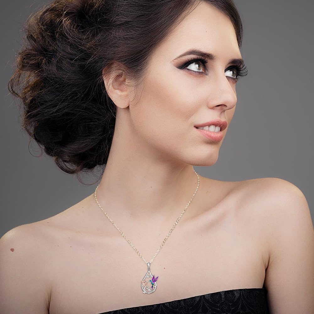 Fenthring Hummingbird Necklace for Women Sterling Silver Blue Purple Hummingbird Pendant Necklace Hummingbirds Flower Jewelry Charm Memorial Christmas Mothers Day Gifts - Image 3