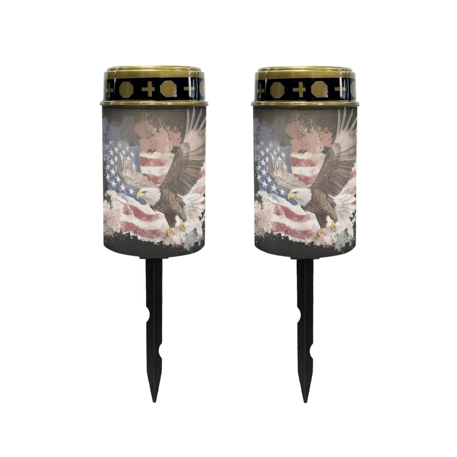 Poceacles 2 Pack Solar Lights Solar Cemetery Lights Solar Grave Lights Outdoor Waterproof Decoration Pathway Lights Garden Solar Candle for Memorial Day Decor, Eagle American Flag Splatter