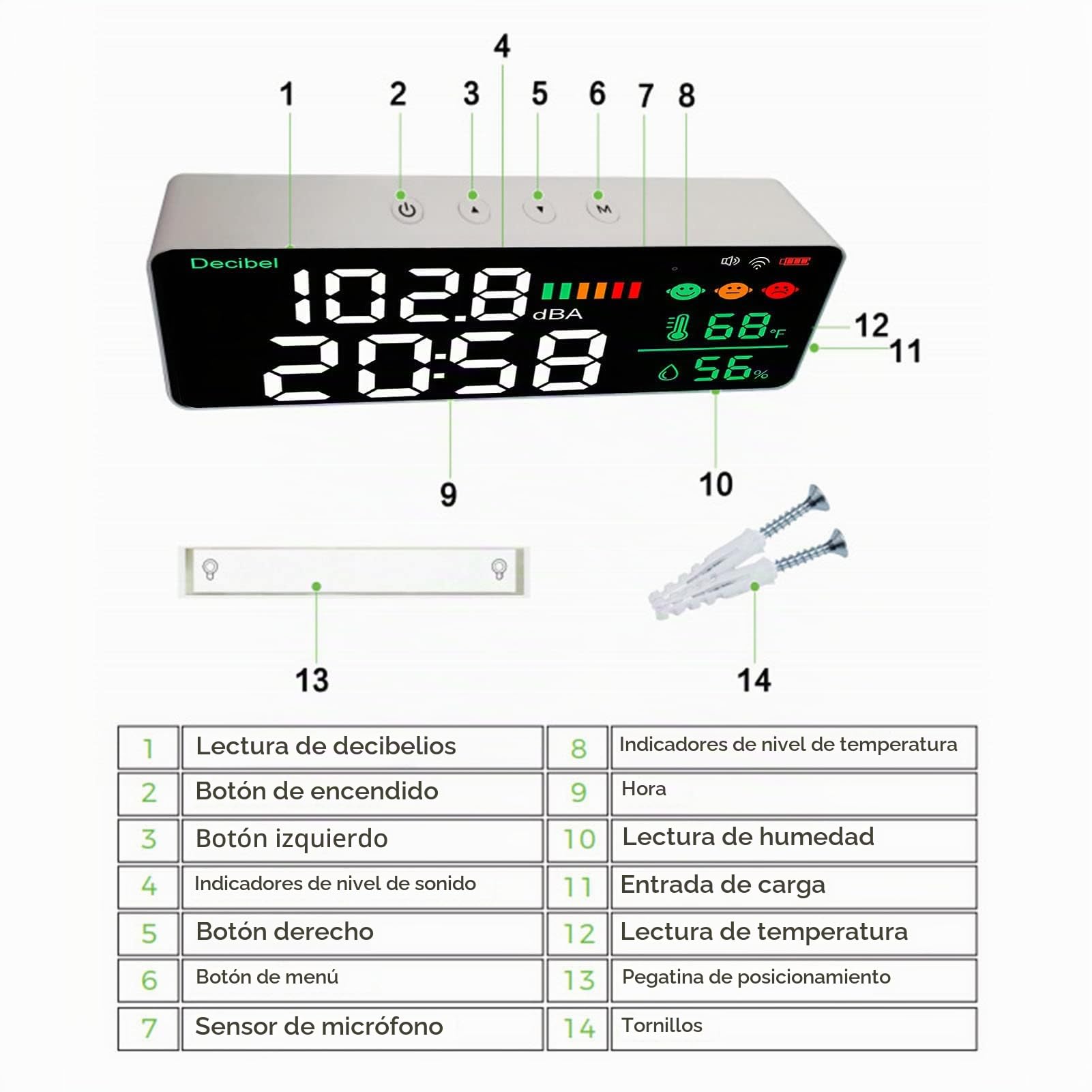 Medidor de Decibelios LED 30-130 DBA para Tuya 2.4G WiFi Montado en la Pared 11 Pulgadas LED Temperatura Humedad Tiempo Pantalla Medidor de Sonido para el Aula Estudio Hogar