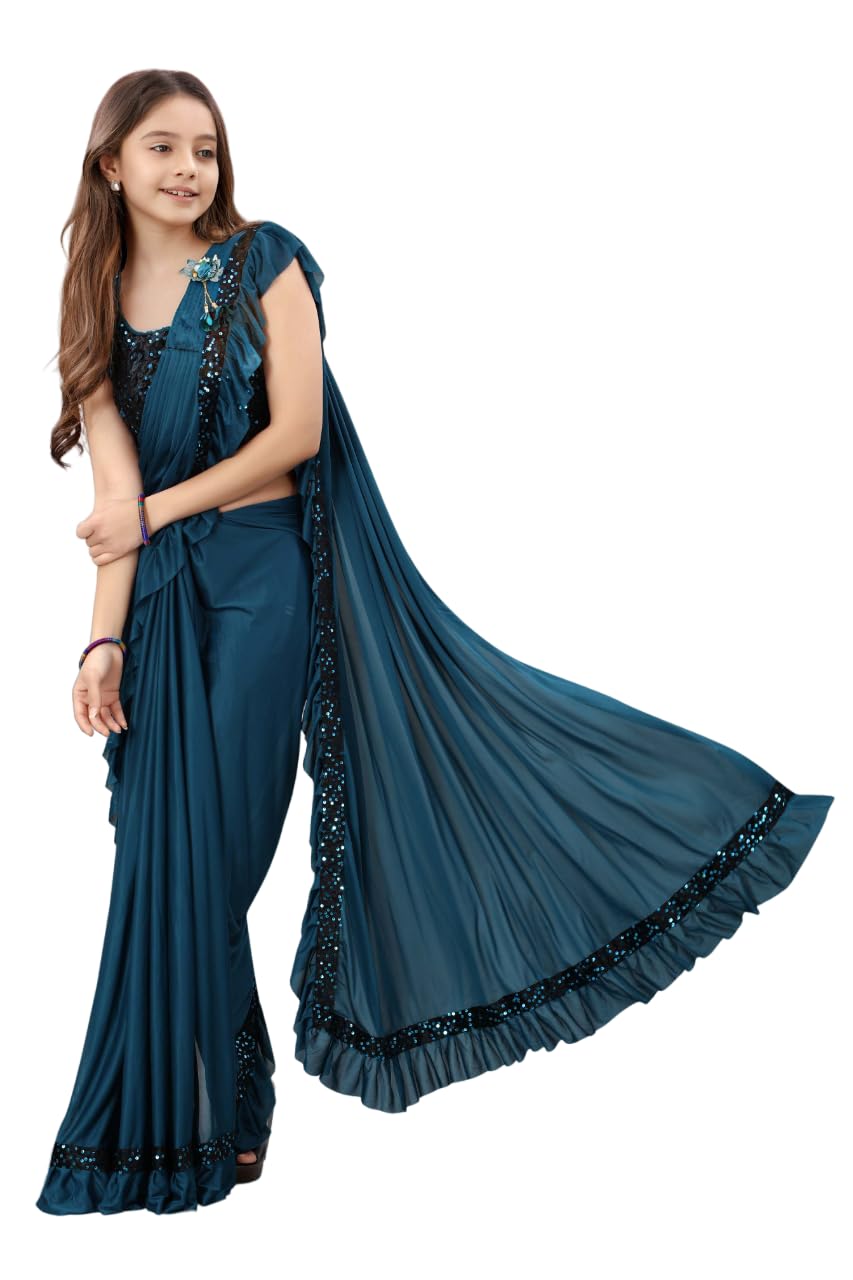 Dhyey fashion Fashionable Baby Girls Lycra Blend Saree with Velvet Unstitched Blouse Piece | Readymade Saree For Girls | Sarees For Girls | RTW Kids Teal Blue Saree 4-5 Years S - Image 3 thumbnail