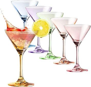 Martini Glasses Set of 6, 8oz, Crystal Luxury Martini Glass - Goblets & Chalices Elegant Colors, Hand-Blown, Art Deco Cocktail Colored Coupes For Manhattan, Cosmopolitan, Sidecar, Stemmed Color