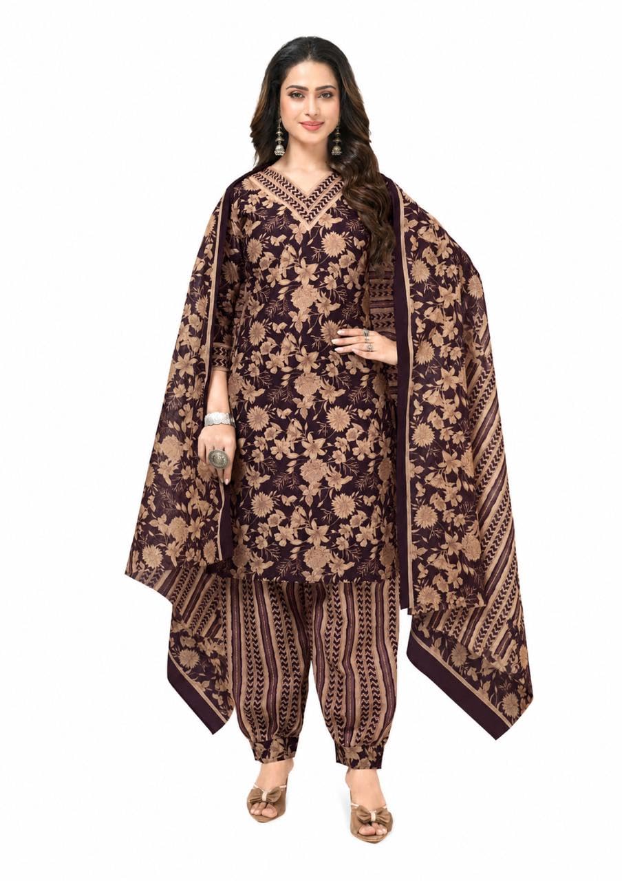 Women's Floral Printed Patiala Salwar Suit Set, Wine, Cotton, 3-Piece Ethnic Wear with Dupatta-picture-56