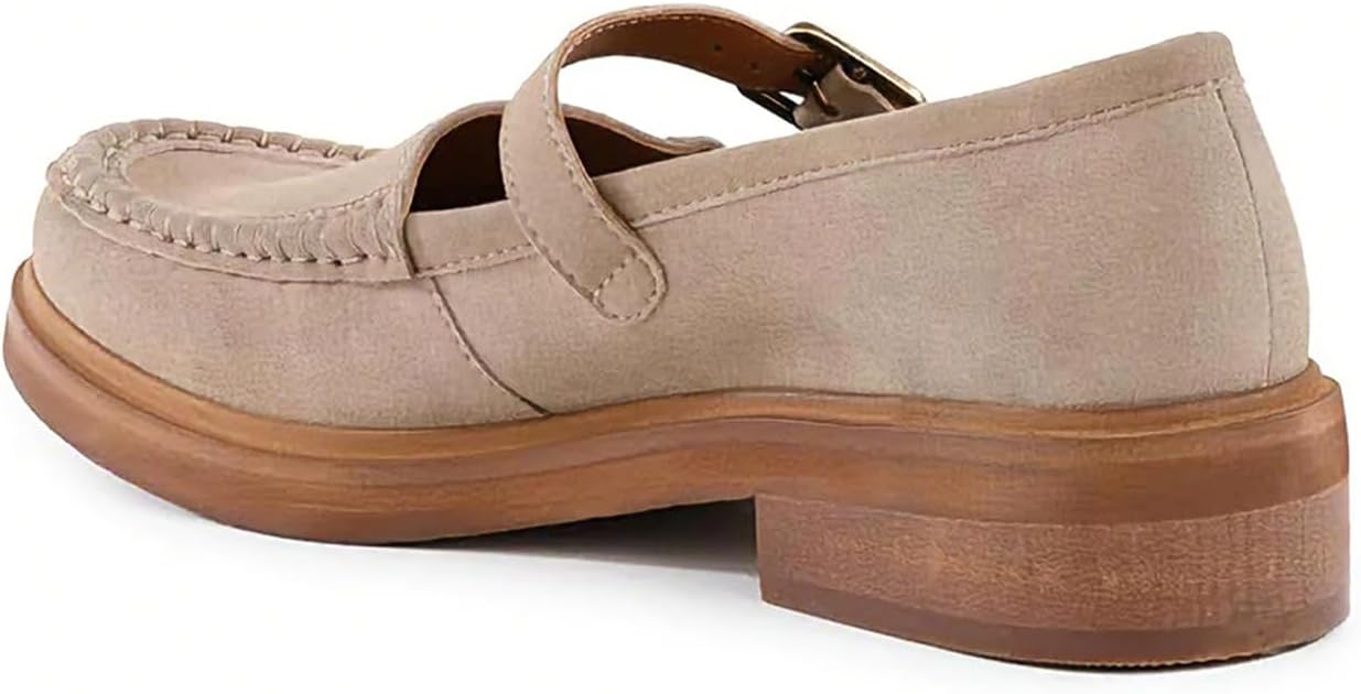 Alsoloveu Suede Mary Jane Loafers Women Low Block Heel Loafer Flats Round Toe Casual Dress Shoes with Buckled Strap for School Office Work - Image 5
