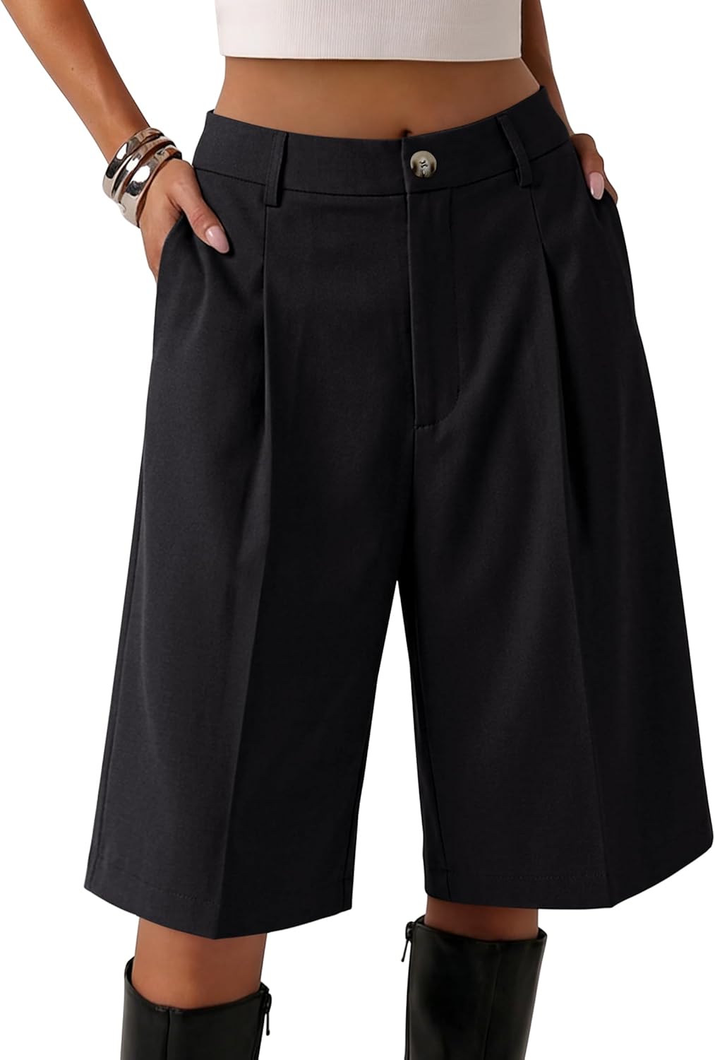 Eddoyee Bermuda Shorts for Women Knee Length Stretchy Elastic Waist Wide Leg Shorts with Pockets Casual Business S-XL