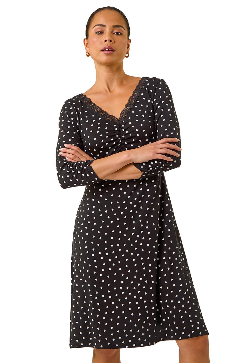Roman Originals Women's Petite Polka Black Tea Dress For Uk Skater Swing Fit & Flare Flattering Summer Knee Length Frill Hem Ruched Chest Casual Smart Cocktail Party Going Out - Size 10