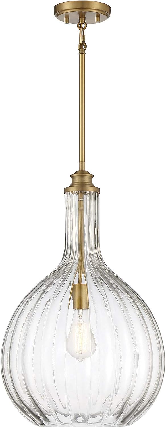 Savoy House 7-2255-1-322 Brandon Industrial Clear Fluted Glass Vase Pendant, 1-Light 60 Watt, 22" H x 14" W, Warm Brass