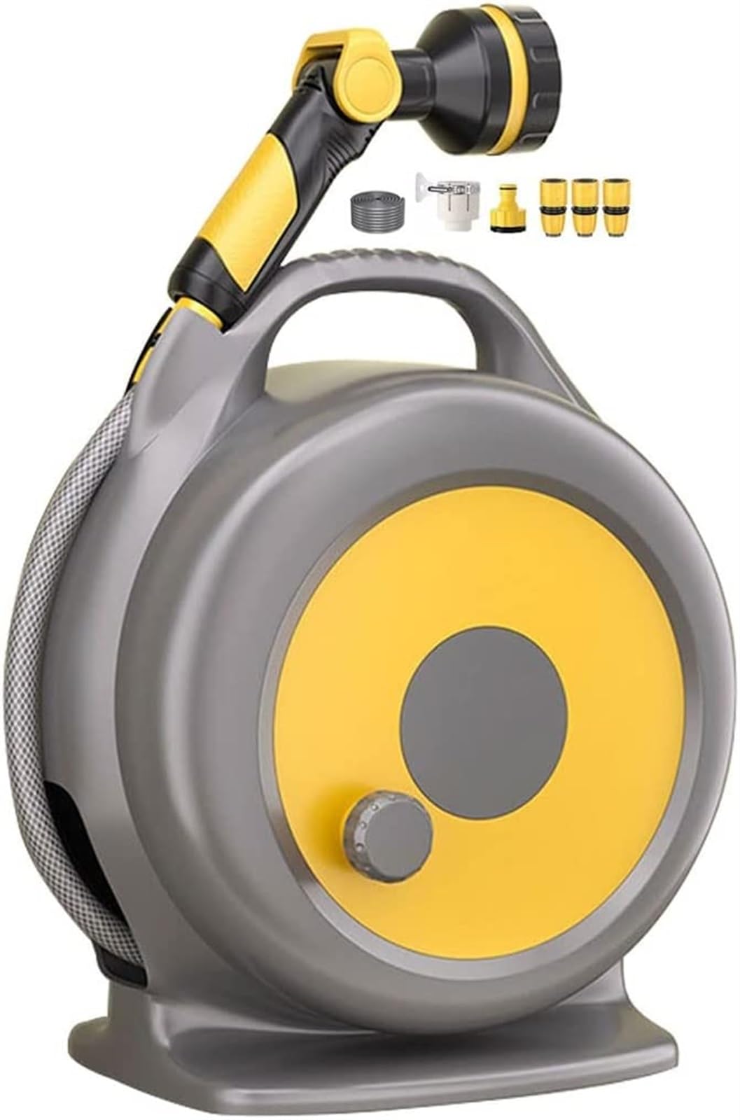 Carrete para manguera de agua, juego de herramientas de agua a alta presión, carrito portátil compacto para manguera de jardín, soporte integrado para mangueras de baño de mascotas (color: amarillo,