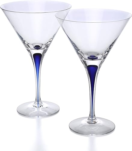 Orrefors Intermezzo - Juego de 2 vasos de Martini con tallo de 8.5 onzas líquidas, color gota azul, cristalería para cocina y comedor, servicio