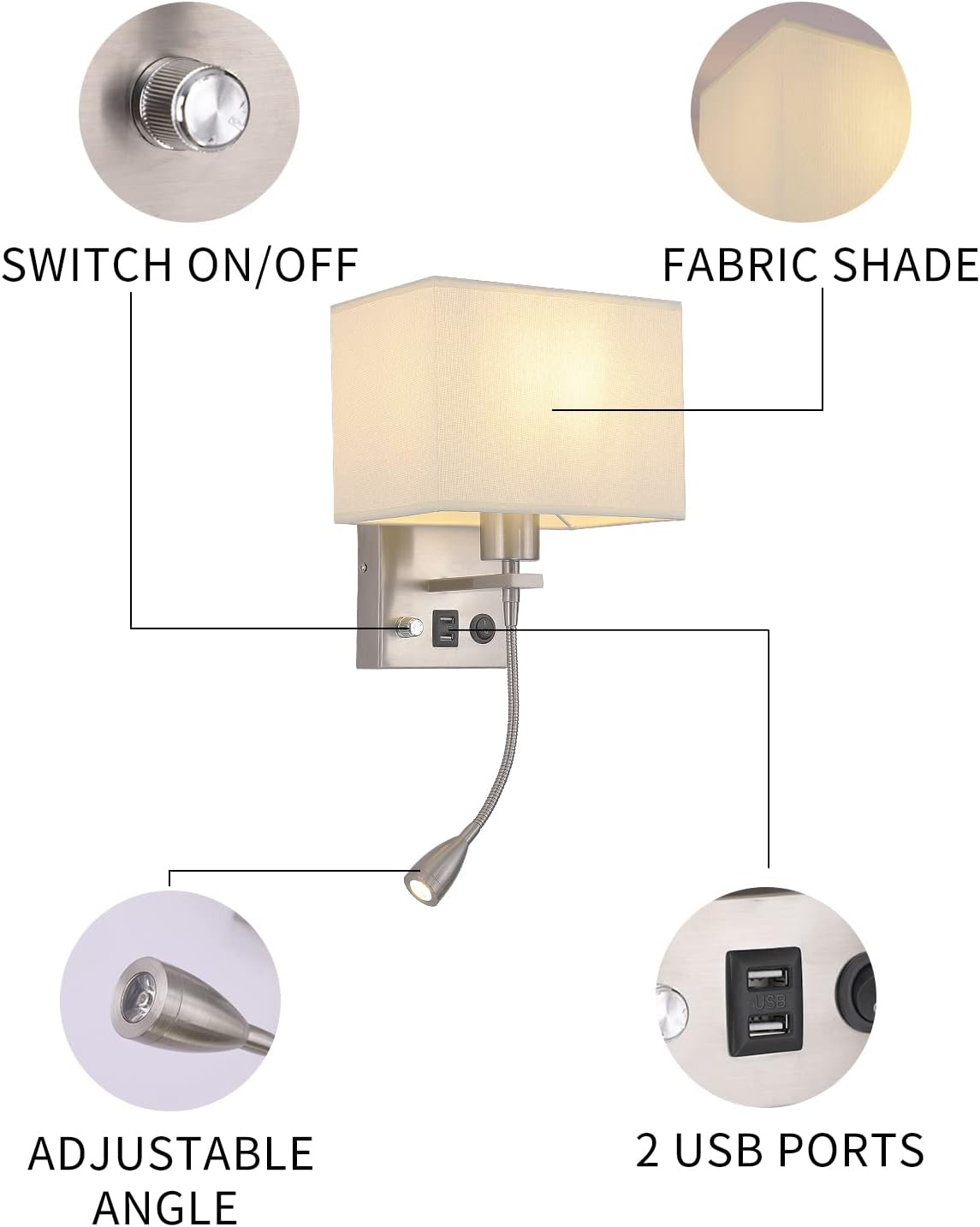 Wall Sconce Plug in Cord Set of 2, Bedside Wall Mount Lights with Dimmable Switch, LED Bedroom Wall Lighting Fixtures with Reading Lamp USB Ports Brushed Nickel