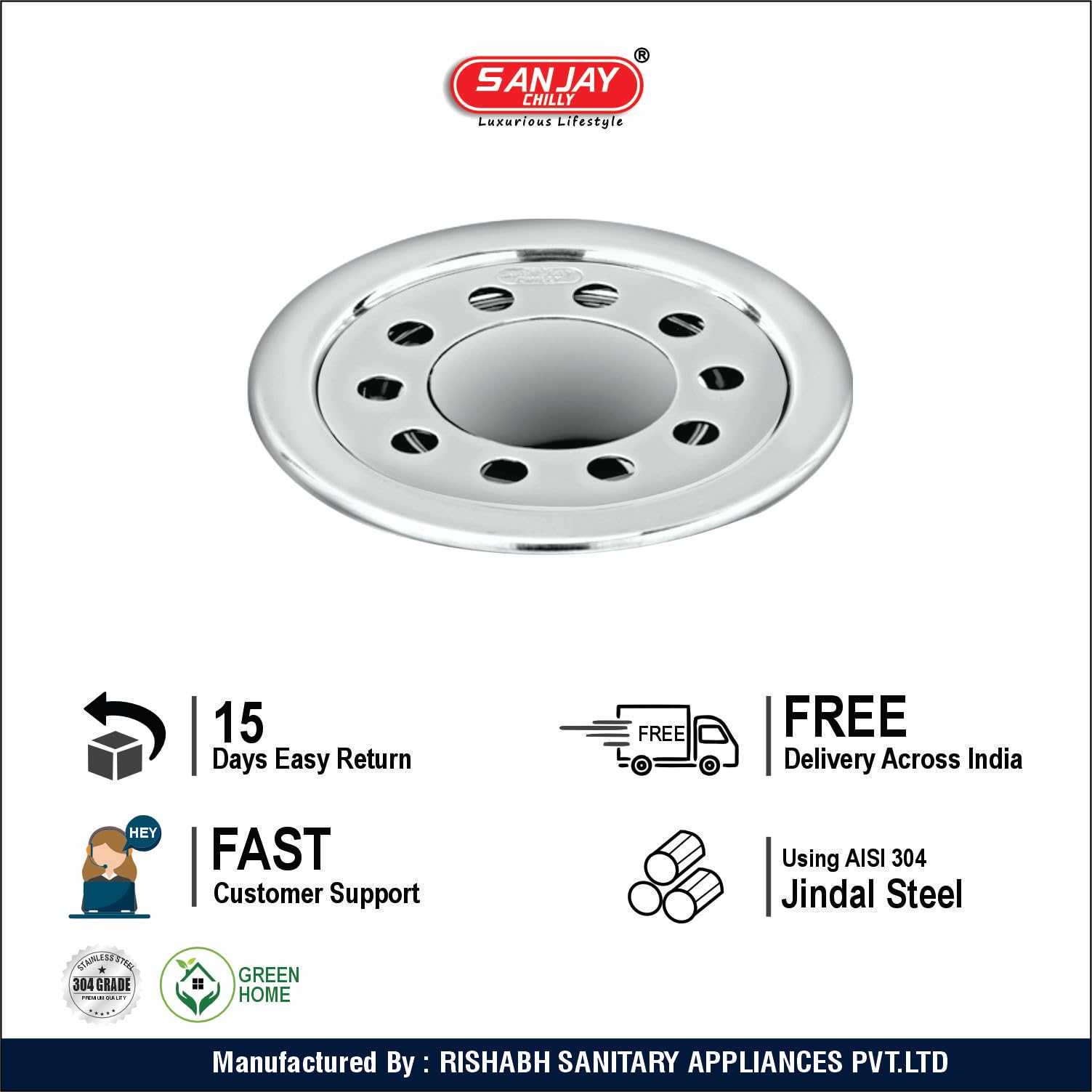 Sanjay Chilly Round Floor Drain with Pipe Hole 4 Inch Stainless Steel 304 Grade Kitchen Sink Cover Jali Luxurious Bathroom Gratings Water Drain Strainer Bathtub Laundry (Round Gypsy Silver 4 Inch) 3