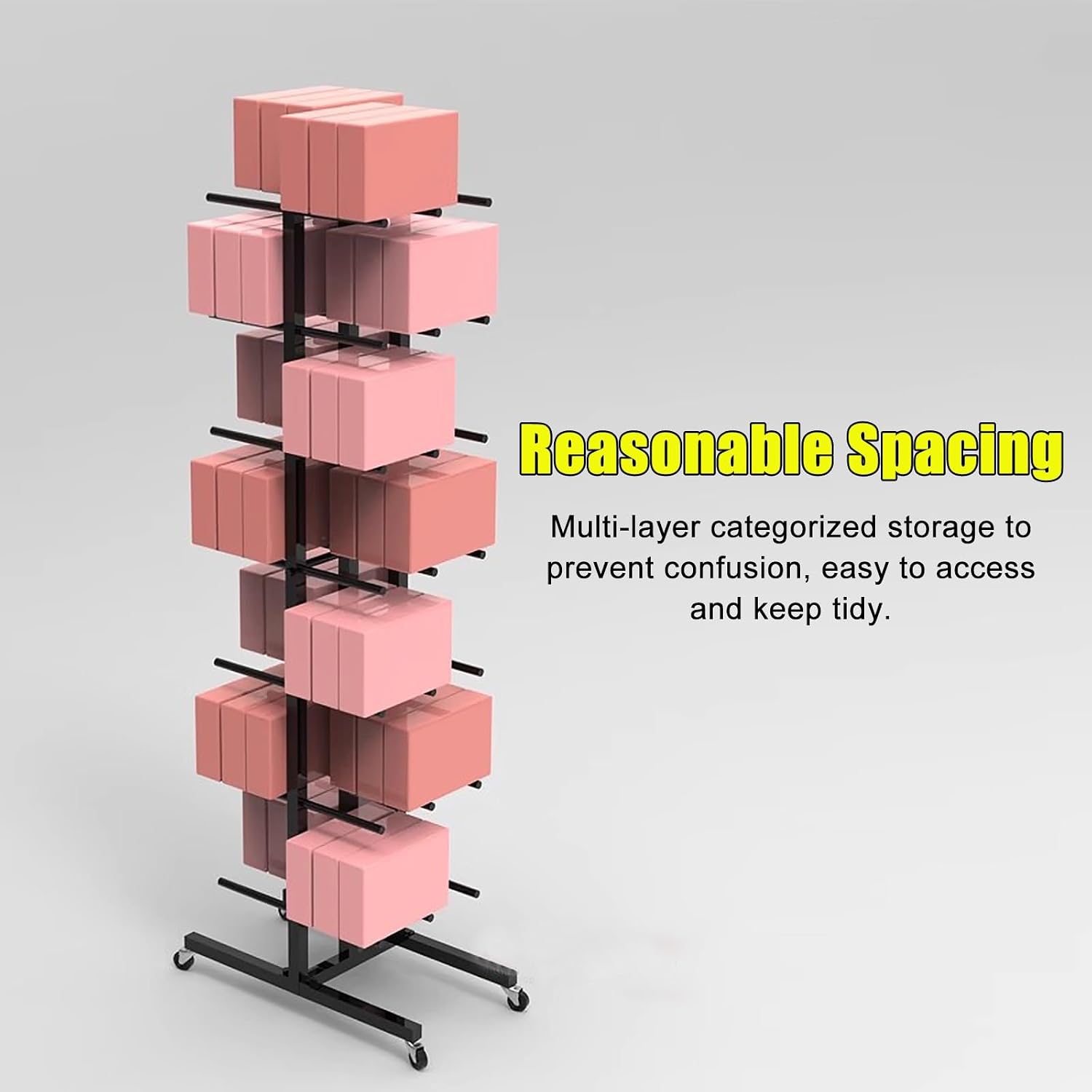 Freestanding Yoga Block Storage Cart on Wheels, 7-Tier Foam Brick Organizer for Gym & Fitness Rooms, Large Capacity Holder (Black, 150cm/59in Tall) image 5