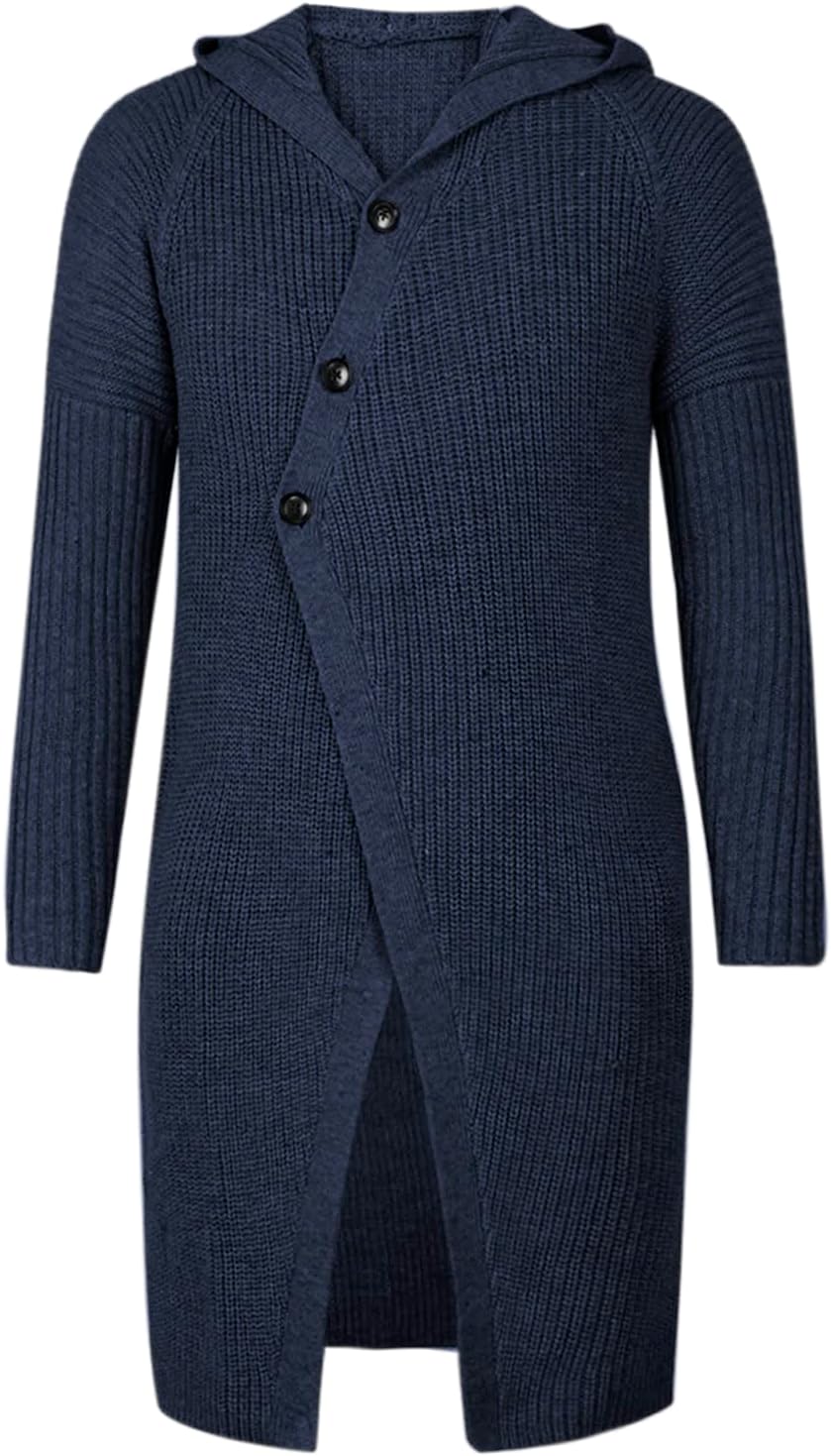 Esobo Mens Long Hooded Cardigan Button Up Knit Sweater Long Sleeve Cardigan Sweaters with Pockets