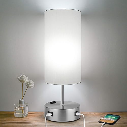 3-Way Dimmable Touch Control Table Lamps with 2 USB, AC Outlet and E26 60W 5000K Daylight White Edison Bulbs Included, Perfect for Living Room Office Reading, Silver