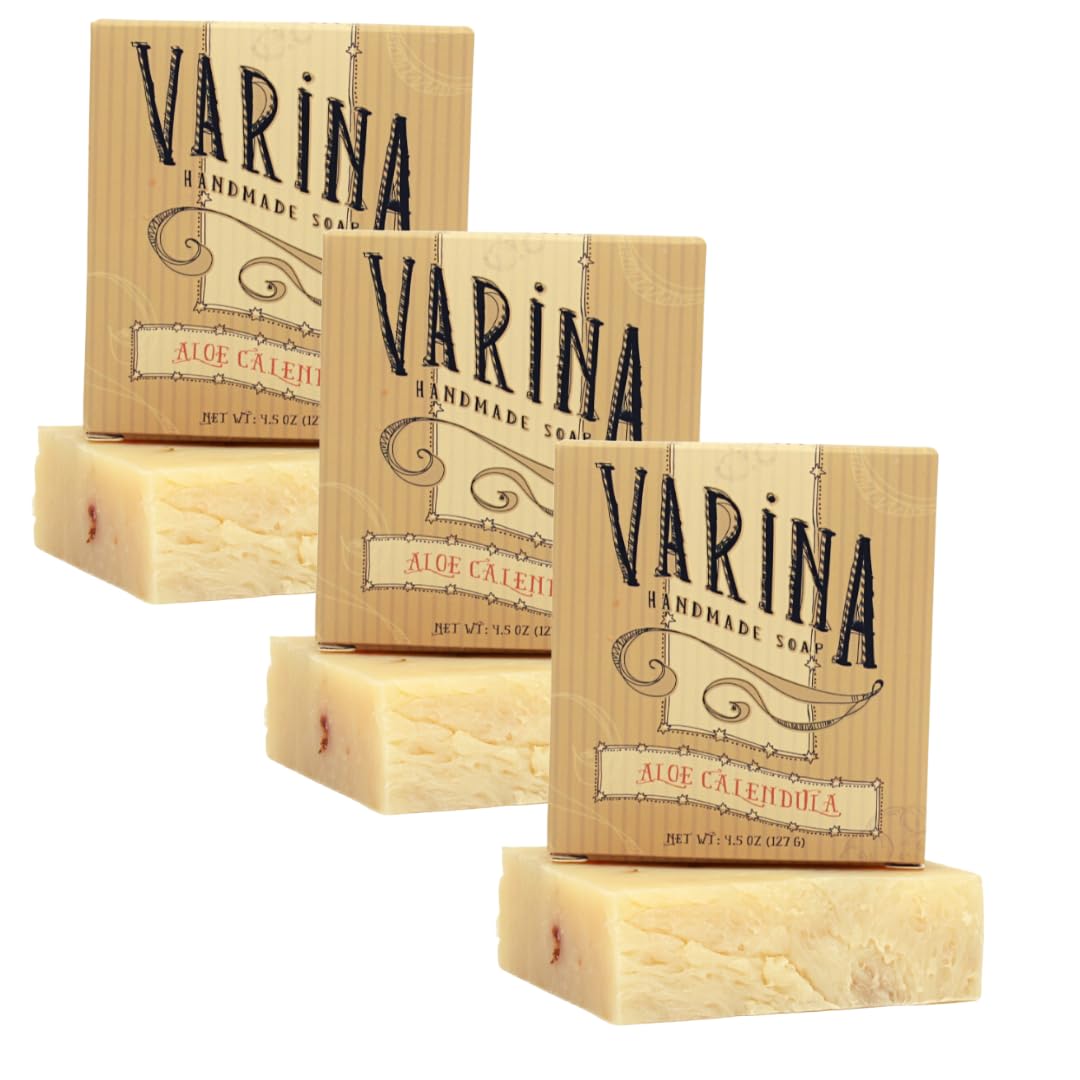 Varina Organic Aloe Calendula Bar Soap - Gentle Cleansing for Sensitive Skin, Unscented - 3 Pack - Experience Healthy and Glowing Skin