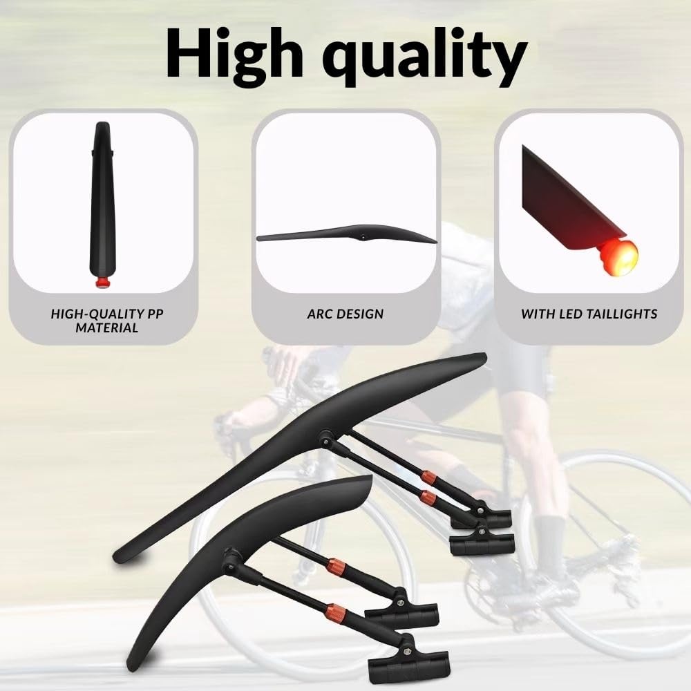 Adjustable Bike Fenders 700C with Light Bicycle Cycling Tire Front/Rear Mud Guards for Lightweight Mountain Road Bike (Set)