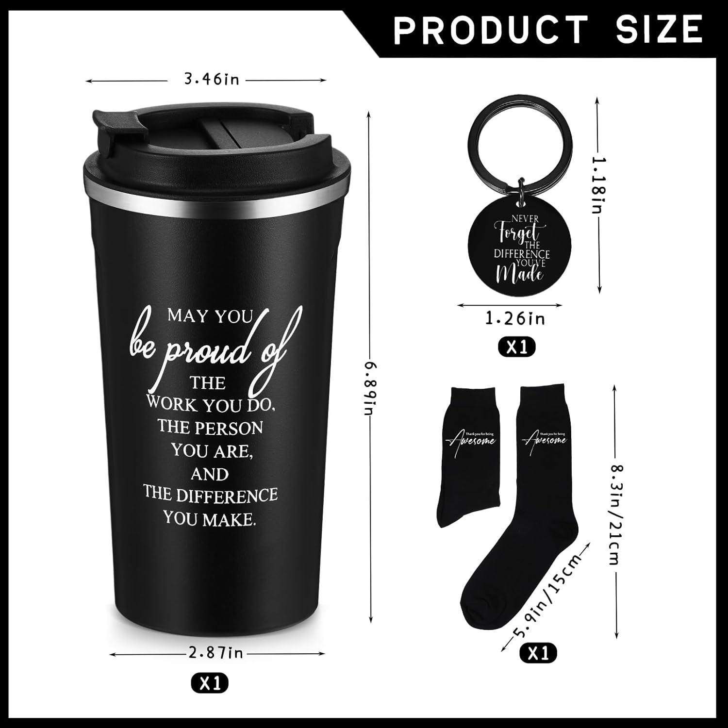 Roshtia 3 Sets Thank You Gift for Men Employee Appreciation Gift Set for Male Teacher Coworker Staff Volunteer 17 oz Stainless Steel Tumbler Socks Inspirational Keychain(Black) - Image 2
