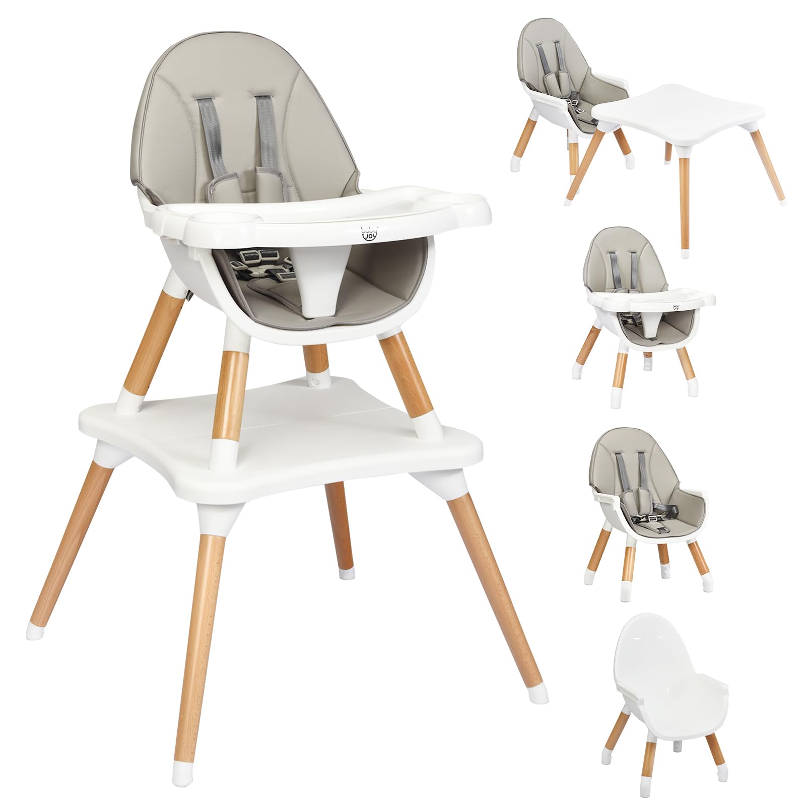 BABY JOY6 in 1 High Chair, Convertible High Chairs for Babies and Toddlers/Booster Seat/Table and Chair Set, Infant Wooden Highchair w/ 5-Point Harness, 4-Position Removable Tray & PU Cushion (Gray)OEKO-TEX STANDARD 100The Forest Stewardship Council