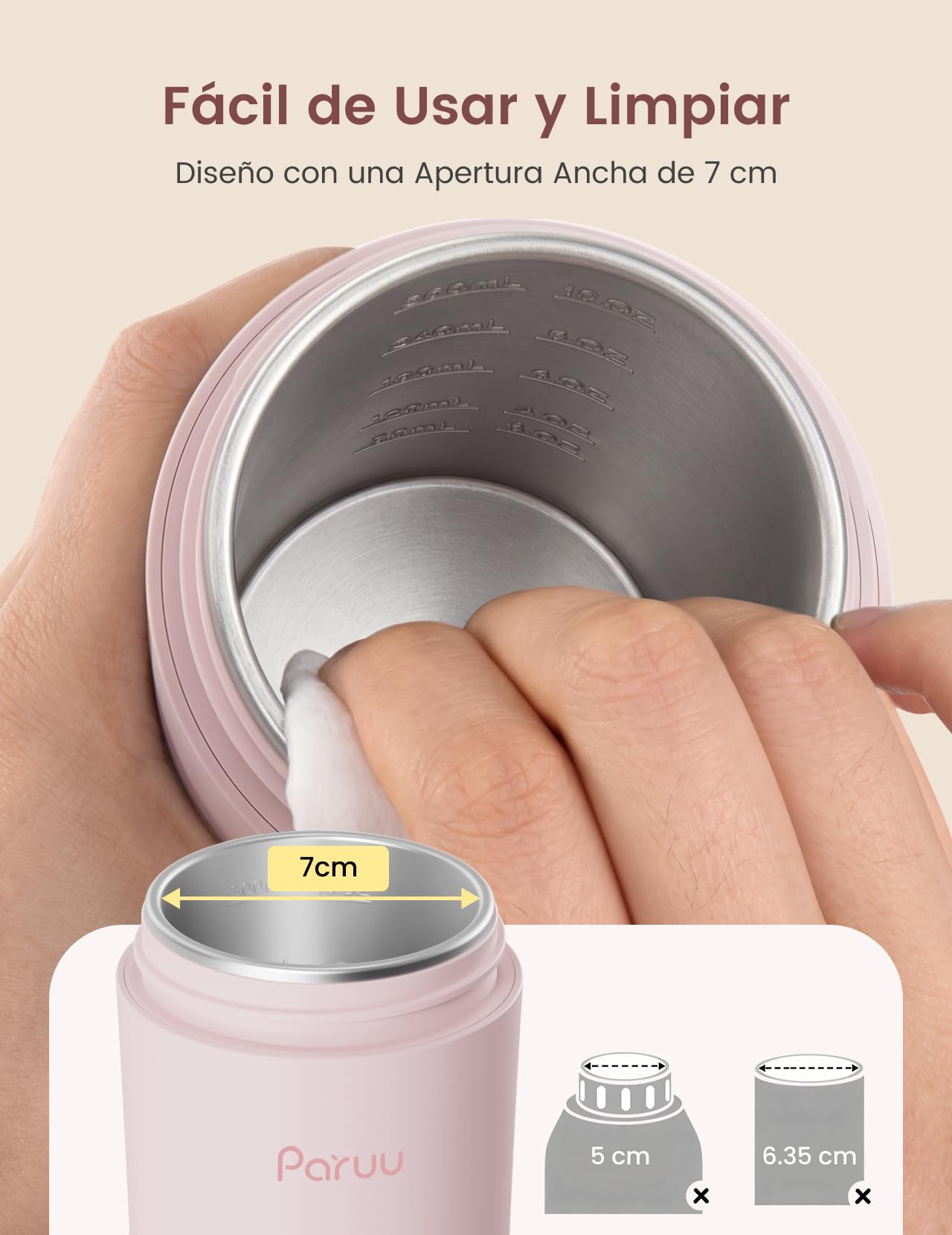Paruu Calienta Biberones Portatil para Viaje, Boca Ancha Fácil de Limpiar, Calentamiento Rápido en 2 Minutos, 7 Niveles de Regulación de Temperatura, Capacidad 350ml, Rosa