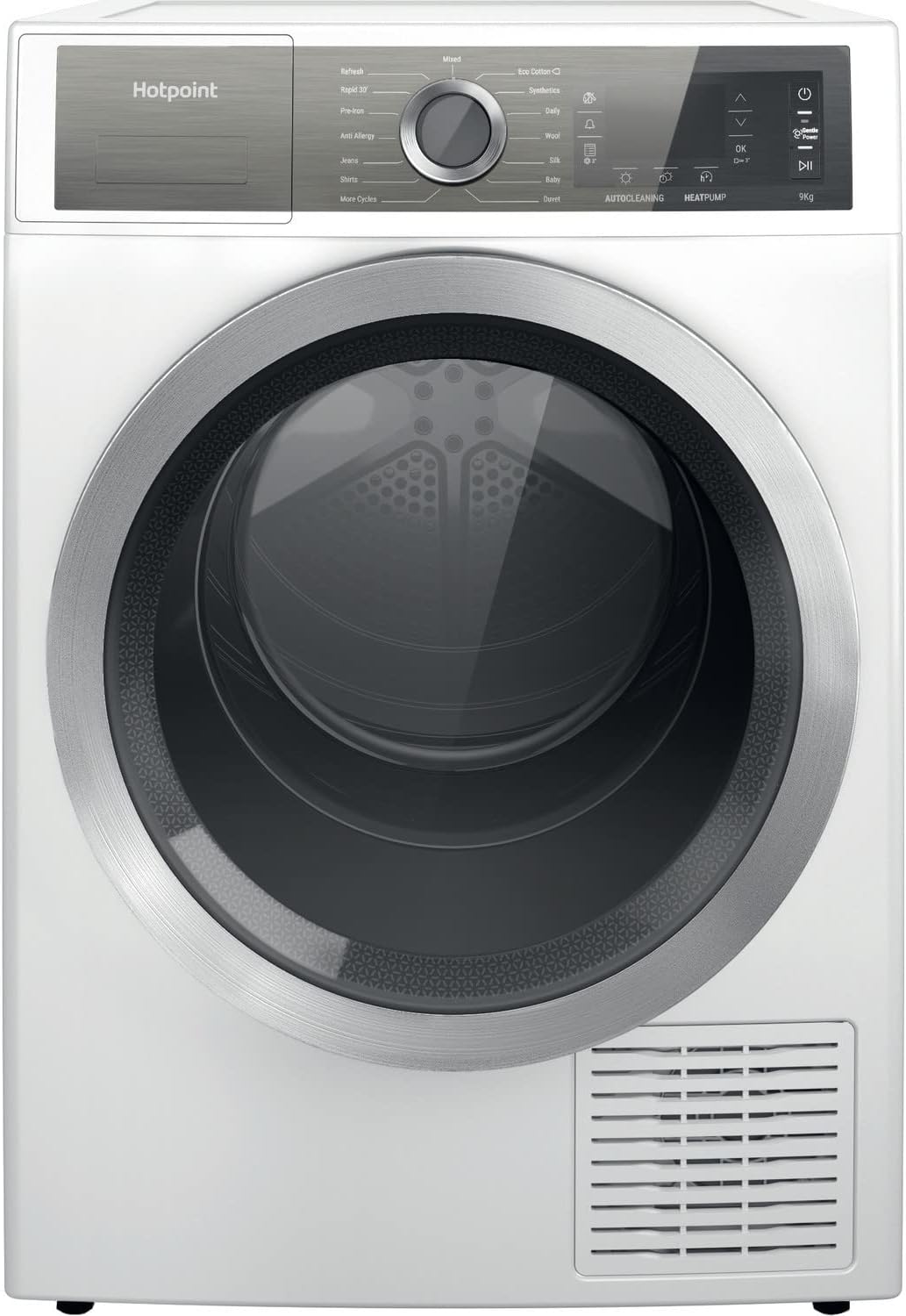 Hotpoint 9kg Heat Pump Tumble Dryer, front view with control panel