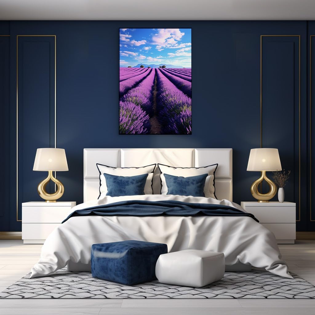 Canvas for Living room. Lavender Dreamscape: Unending Purple Rows Under a Boundless Cloud-Speckled Sky, 27 x 18 inch Canvas Wall Art - Contemporary Masterpieces - Inspirational Office Decor